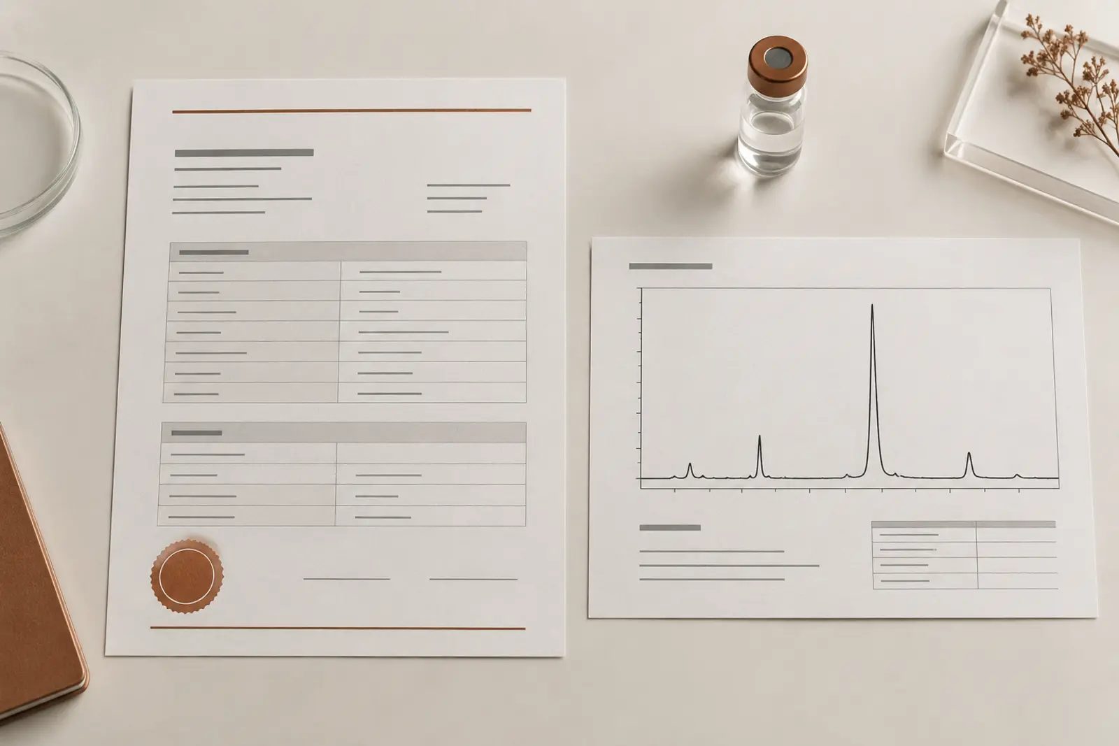 Certificate of analysis and HPLC chromatogram arranged for analytical review